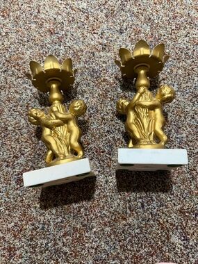 Gold Metal Cherub Candlestick Pair  with Square Marble Base Elegant Home Accents